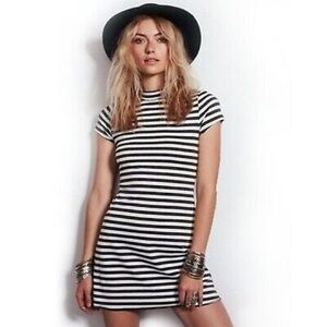 Free People Beach Striped Mock Neck Mini Dress stretch size L gray and white